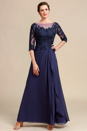 Mangas Largas Vestido Gris Azul de Madrina Con Apliques